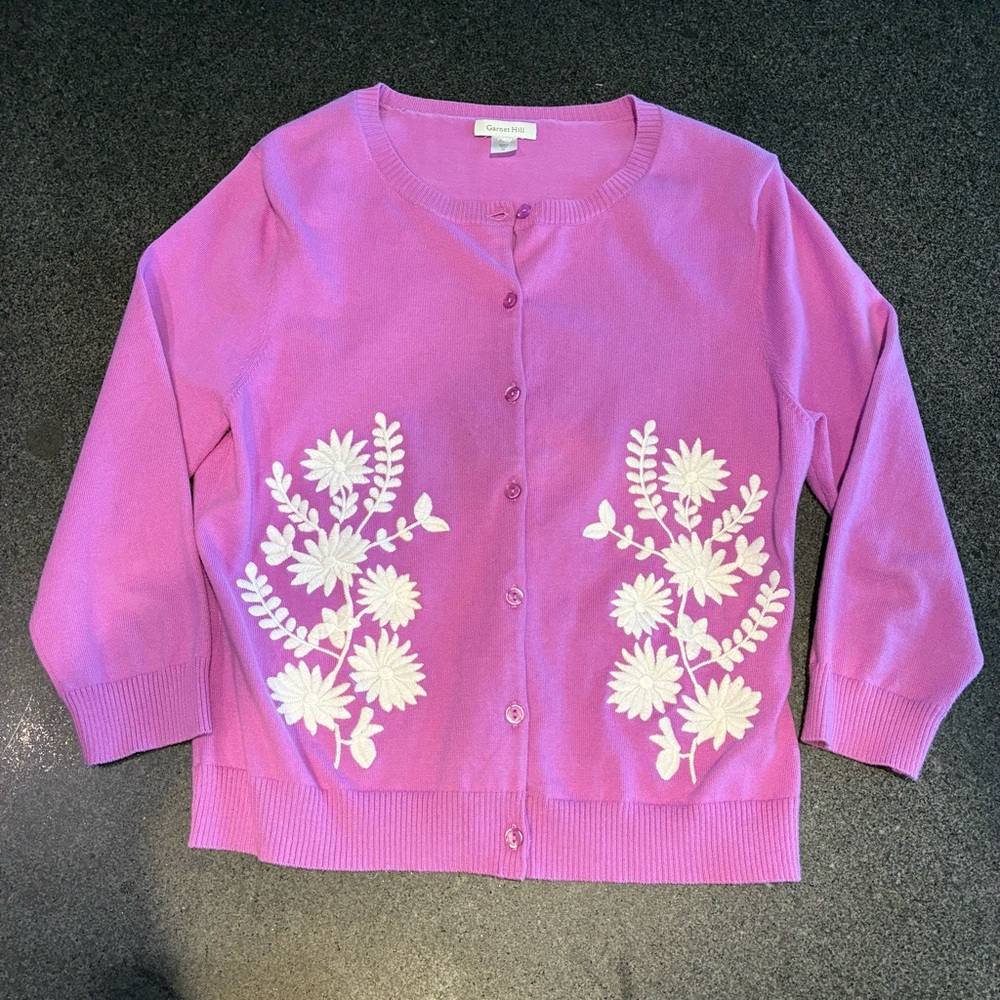 Garnet Hill lavender cardigan with appliqué